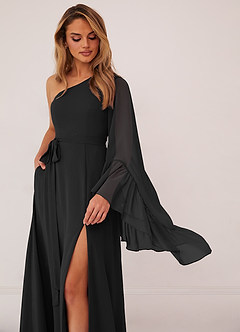 Barbie ♥ Azazie Bridesmaid Dresses Black A-Line Long Sleeve Chiffon Dress image5