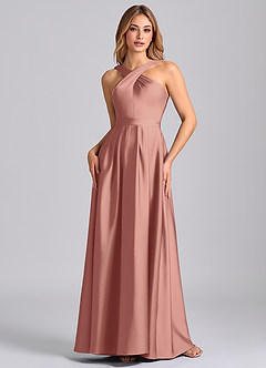 Azazie Dixie 신부 들러리 드레스 A라인 주름진 스트레치 새틴 바닥 길이 드레스 image4