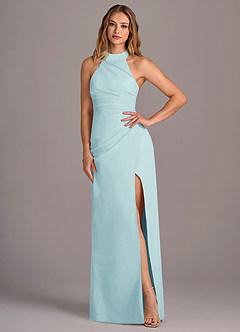 Azazie Jemma Bridesmaid Dresses Sea Glass Sheath Pleated Chiffon Dress image4