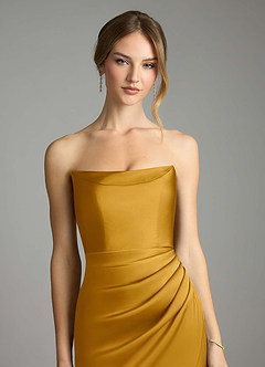 Azazie Leonis Bridesmaid Dresses Butterscotch Mermaid Pleated Stretch Satin Convertible Dress image4