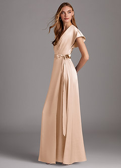Azazie Nico Bridesmaid Dresses Blushing Pink A-Line V-Neck Stretch Satin Dress image2
