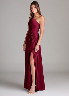 Azazie Brooke Bridesmaid Dresses Burgundy A-Line One Shoulder Stretch Satin Dress image5