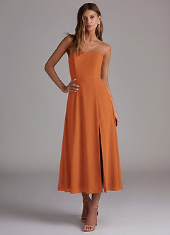 Azazie Wren 신부 들러리 드레스 A라인 스트랩리스 쉬폰 티 길이 드레스 image4