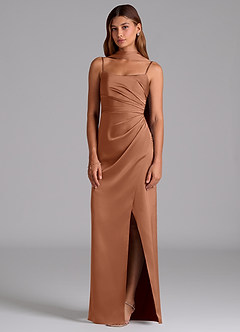 Azazie Calandra Bridesmaid Dresses Bronzer A-Line Pleated Stretch Satin Dress image4