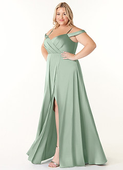 Azazie Ocean Bridesmaid Dresses Agave A-Line V-Neck Pleated Stretch Satin Dress image8