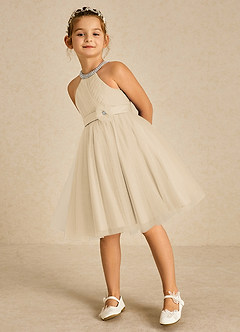 Azazie Honey Flower Girl Dresses Champagne A-Line Beaded Matte Satin Dress image5