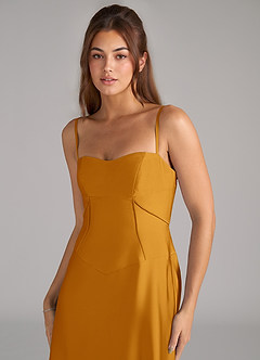 Azazie Valentine Bridesmaid Dresses Butterscotch A-Line Corset Stretch Satin Dress image6