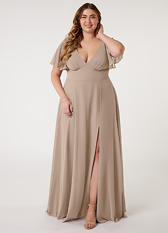 Azazie Kimber Bridesmaid Dresses Taupe A-Line Flounce Sleeve Chiffon Dress image1