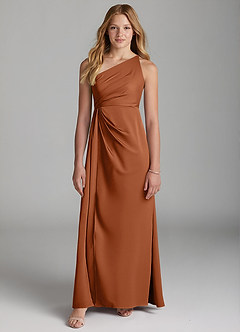Azazie Mika Junior Robe Trapèze en Satin extensible Plissée Cuivre image3