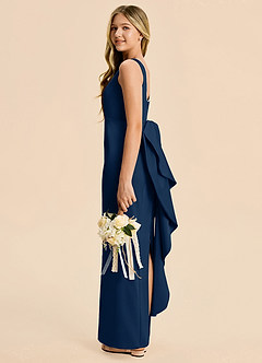 Azazie Emi Junior Dark Navy Sheath Bow Stretch Satin Dress image3