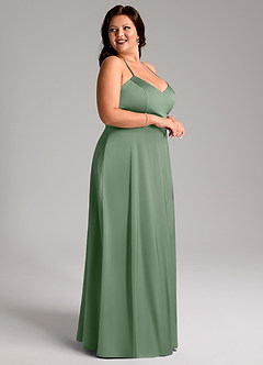 Azazie Mei Vestidos de damas de honor Vestido de Matcha de Satén Elástico de Corte en A con Cuello en V image9
