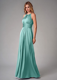 Azazie Bonnie Bridesmaid Dresses Aqua A-Line Pleated Stretch Satin Dress image3