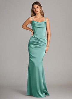 Azazie Sorrel Bridesmaid Dresses Aqua Mermaid Strapless Stretch Satin Convertible Dress image6