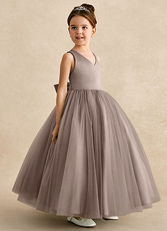 Azazie Peanut Robe Demoiselle D'honneur Fillette Robe Trapèze en Tulle Bretelle Taupe image2