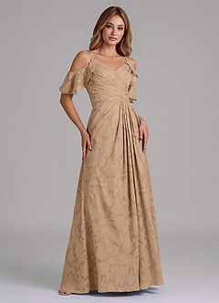Azazie Dakota Bridesmaid Dresses Champagne A-Line Off the Shoulder Floral Burnout Dress image4