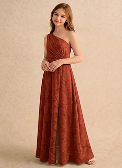 Azazie Pudles Girls Formal Robe Demoiselle D'honneur Fillette Robe Trapèze en Blumen-Burnout Asymétrique Auburn image5