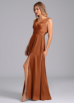 Azazie Karina Bridesmaid Dresses Copper A-Line Pleated Stretch Satin Dress image3