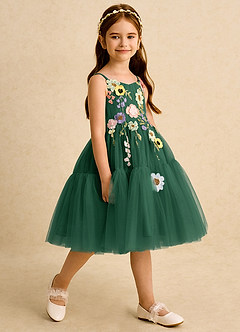 Azazie Osea Flower Girl Dresses Dark Green Ball-Gown Pleated Tulle Dress image5