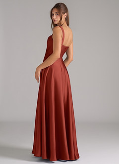 Azazie Shaude Bridesmaid Dresses Terracotta A-Line Pleated Stretch Satin Dress image7