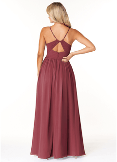 Azazie Dominic Bridesmaid Dresses Merlot A-Line V-Neck Pleated Chiffon Dress image2