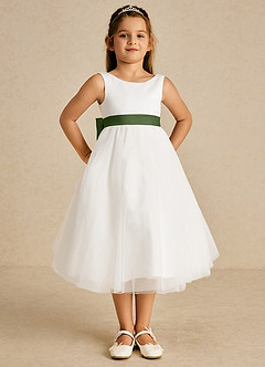 Azazie Kavi Flower Girl Dresses Ivory Olive A-Line Bow Matte Satin Dress image2