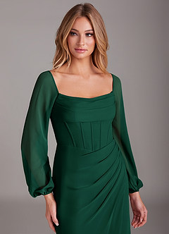 Azazie Charissa Bridesmaid Dresses Emerald Sheath Long Sleeve Chiffon Dress image7