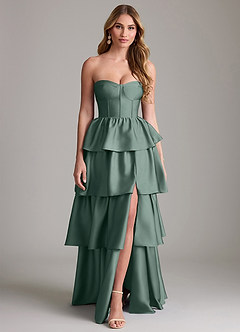 Azazie Faye Bridesmaid Dresses Sea Moss A-Line Ruched Stretch Satin Dress image1