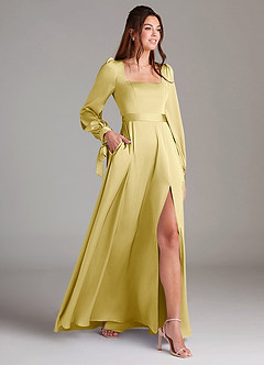 Azazie Leonia Bridesmaid Dresses Lemon Sorbet A-Line Long Sleeve Stretch Satin Dress image4
