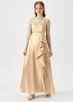 Azazie Kaylee Junior Gold A-Line with Belt Metallic Satin Dress image3