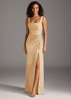 Azazie Jesaphine Brautjungfernkleider Etui Schleifen Stretch-Satin Kleid Gold image1
