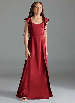 Azazie Bondi Junior Pomegranate A-Line Side Slit Stretch Satin Dress image3