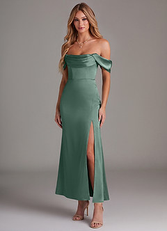 Azazie Saige Abiti da Damigella Abito Sirena in Raso Elasticizzato a Spalla Scoperta Eucalipto image1