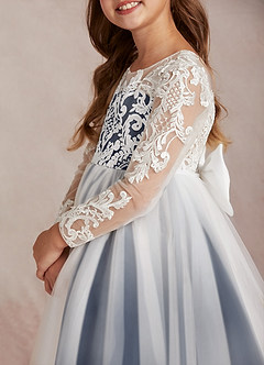 Azazie Elodie Flower Girl Dresses Ivory Dark Navy Ball-Gown Lace Dress image7