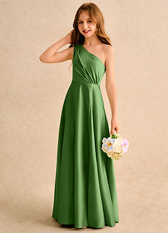 Azazie Puddles Girls Formal Flower Girl Dresses Basil A-Line One Shoulder Matte Satin Dress image6