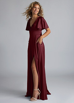 Azazie Kimber Bridesmaid Dresses Cabernet A-Line Ruched Stretch Satin Dress image6