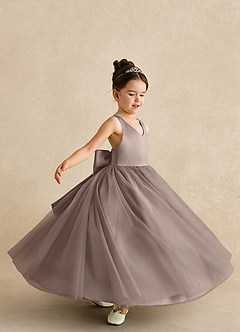 Azazie Peanut Robe Demoiselle D'honneur Fillette Robe Trapèze en Tulle Bretelle Taupe image5