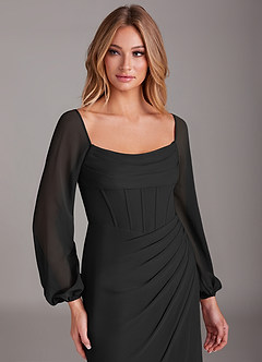Azazie Charissa Brautjungfernkleider Etui Langarm Chiffon Kleid Schwarz image7