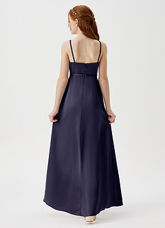 Azazie Kaylee Junior Robe Trapèze en Satin extensible avec ceinture Bleu Orageux image2
