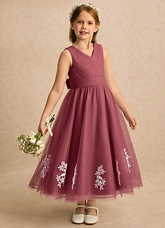 Azazie Rylie vestidos de niña de las flores Vestido Merlot de Tul de Línea A con Encaje image2