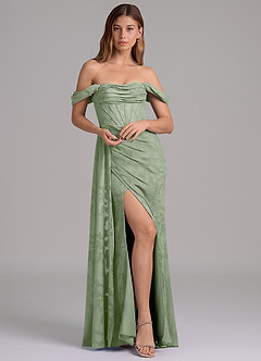 Azazie Amyra 신부 들러리 드레스 인어 오프 더 숄더 플로럴 번아웃 바닥 길이 드레스 image1