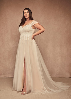 Azazie Bellisima Wedding Dresses Diamond White Nude A-Line V-Neck Tulle Dress image3