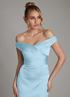Azazie Teyana Bridesmaid Dresses Sky Blue Sheath Off the Shoulder Stretch Satin Dress image2