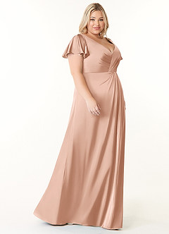 Azazie Soren Bridesmaid Dresses Rose Gold A-Line Pleated Stretch Satin Dress image10