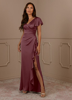 Azazie Roya Kleider für die Brautmutter Meerjungfrau-Linie Plissee mit V-Ausschnitt Stretch-Satin Kleid Sangria image1
