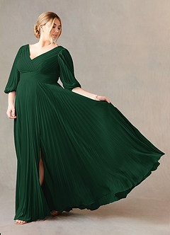 Azazie Zahara Mère de la mariée Robes Robe Trapèze en Mousseline de soie Col V plissé Vert Foncé image9