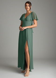 Azazie Kimber Bridesmaid Dresses Sea Moss A-Line Flounce Sleeve Chiffon Dress image5