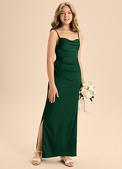 Azazie Mai Junior Vestido Verde Oscuro de Satén Elástico de Corte Recto con Escote corazón image3