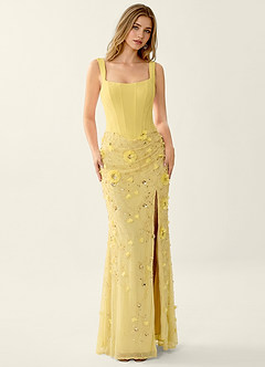 Belinda Yellow 3D Flowers Corset Lace Up Back Mermaid Prom Dress image3