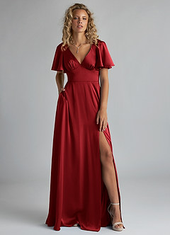 Azazie Kimber Bridesmaid Dresses Scarlet A-Line Ruched Stretch Satin Dress image1