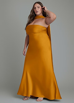 Azazie Saylor Vestidos de damas de honor Vestido Caramelo de Satén Elástico de Corte Sirena con Palabra de honor image16